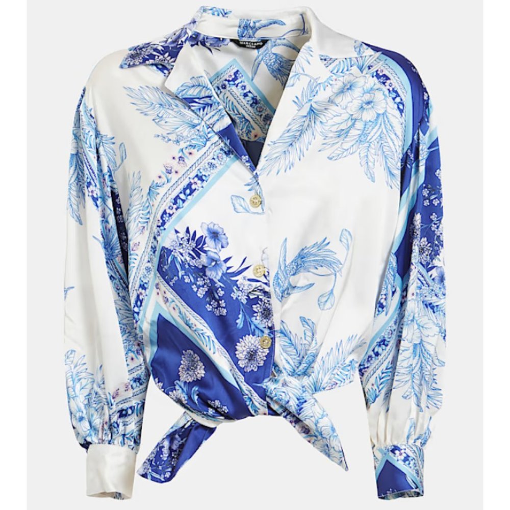 Marciano Guess Floral Print Tie Front Satin Blouse Blue White Size XS